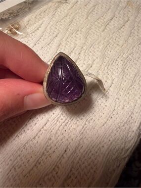 Vintage-Style carved Amethyst Sterling Purple Teardrop Statement Ring